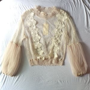 NWT Peach Cream/Beige Embroidered Lace Blouse Size S